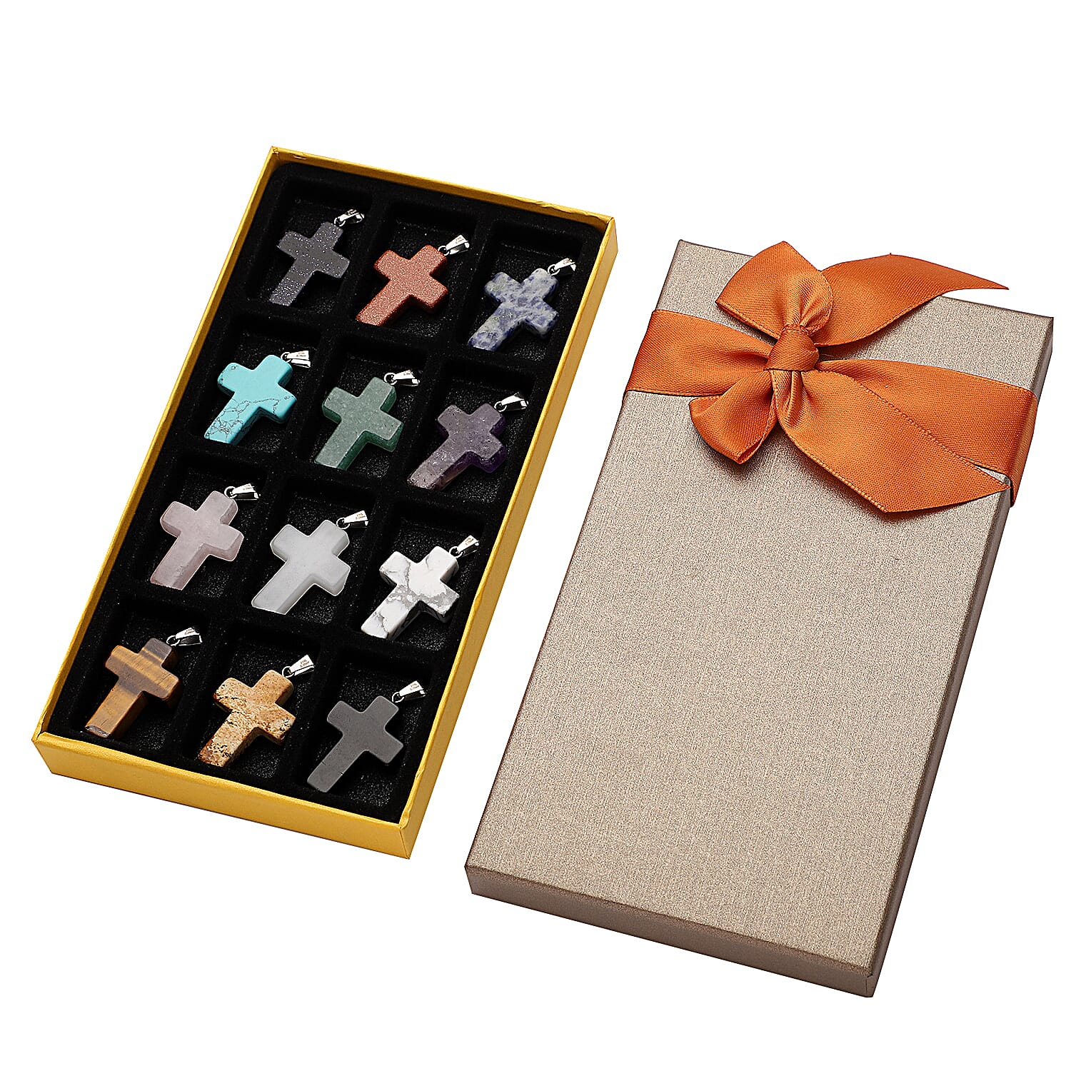 Set of 12 Multi Gemstone 195.00 ctw Cross Pendant Necklace 20 Inches in Stainless Steel with Gift Box
