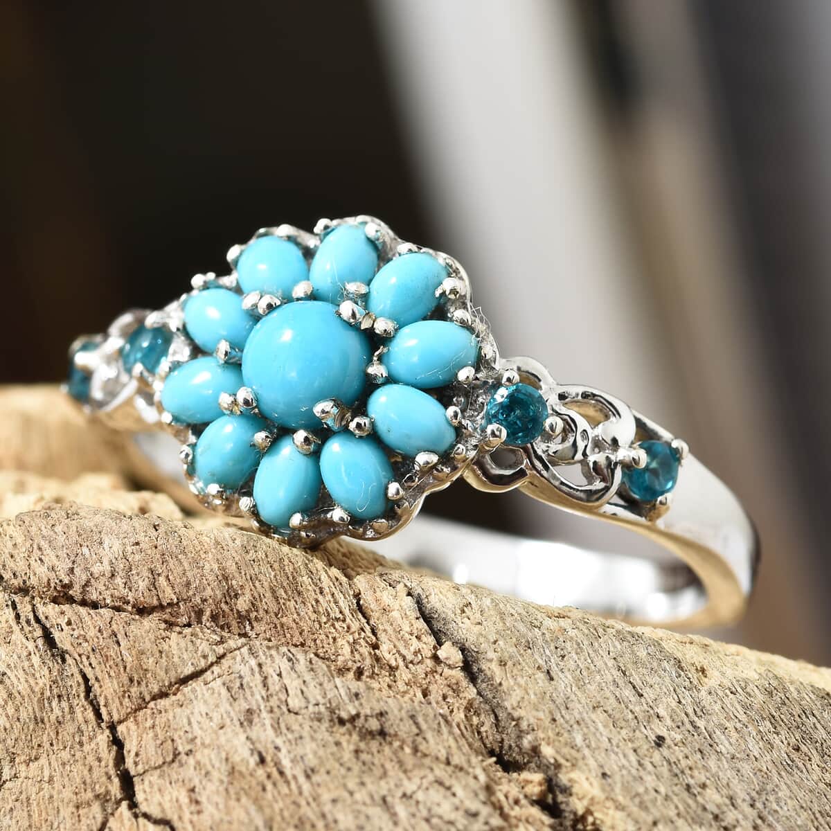 American Natural Sleeping Beauty Turquoise and Malgache Neon Apatite Flower Ring in Platinum Over Sterling Silver (Size 10.0) 1.45 ctw image number 1