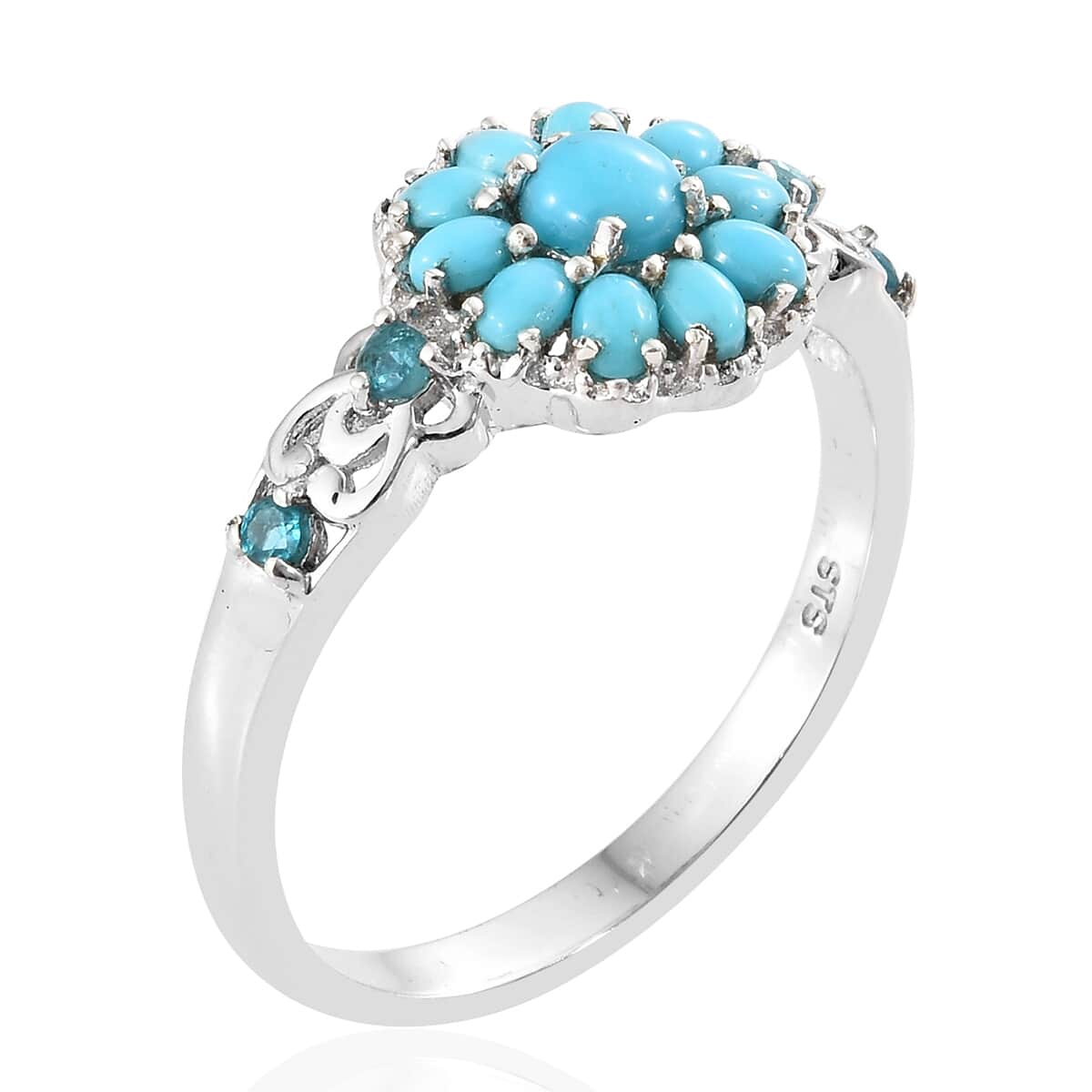 American Natural Sleeping Beauty Turquoise and Malgache Neon Apatite Flower Ring in Platinum Over Sterling Silver (Size 10.0) 1.45 ctw image number 3
