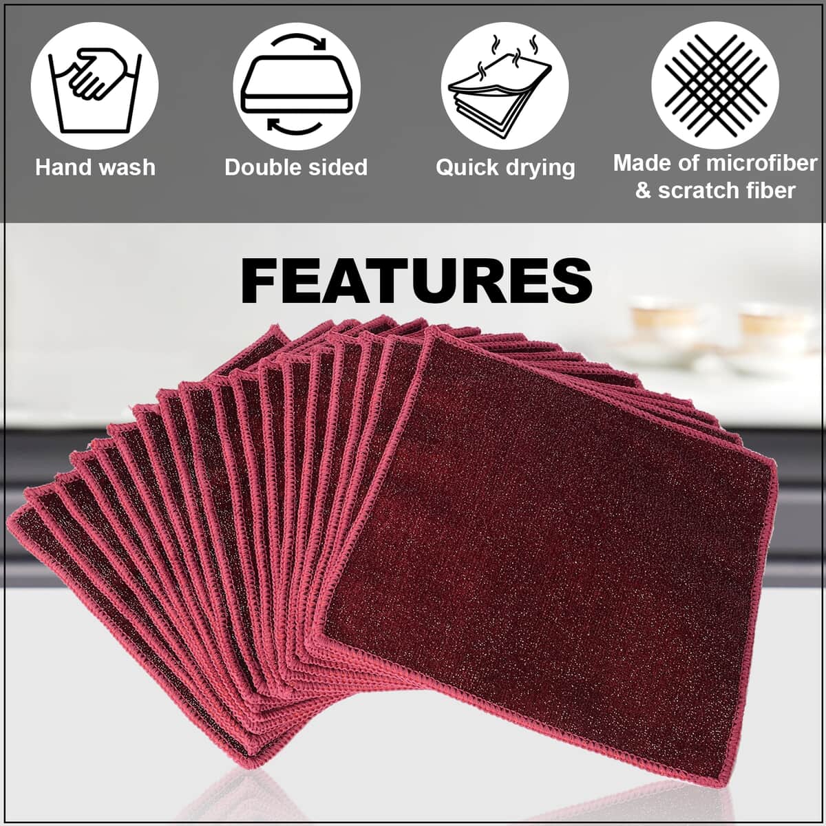 Homesmart Set of 20 Burgundy Double Sided Microfiber and Scratch Fiber Dish Cloth image number 2