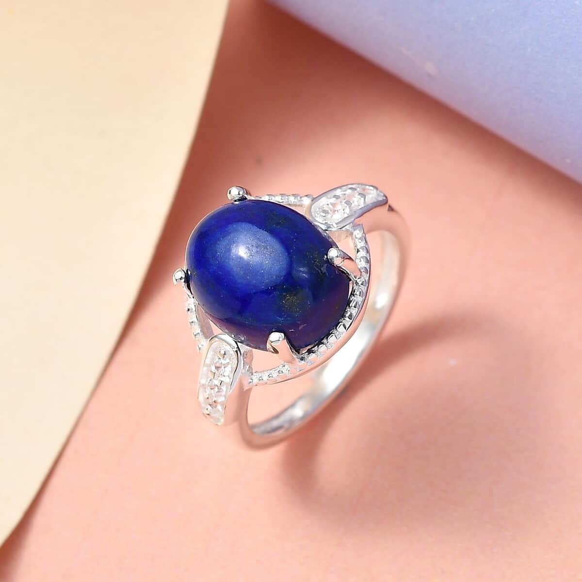Lapis Lazuli and Simulated Diamond Ring in Sterling Silver (Size 10.0) 4.85 ctw image number 3