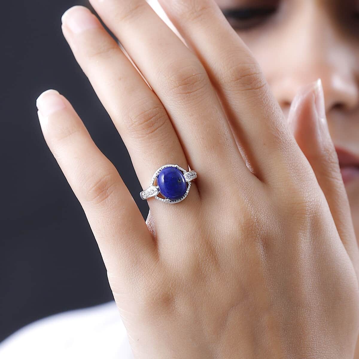 Lapis Lazuli and Simulated Diamond Ring in Sterling Silver (Size 11.0) 4.85 ctw image number 2