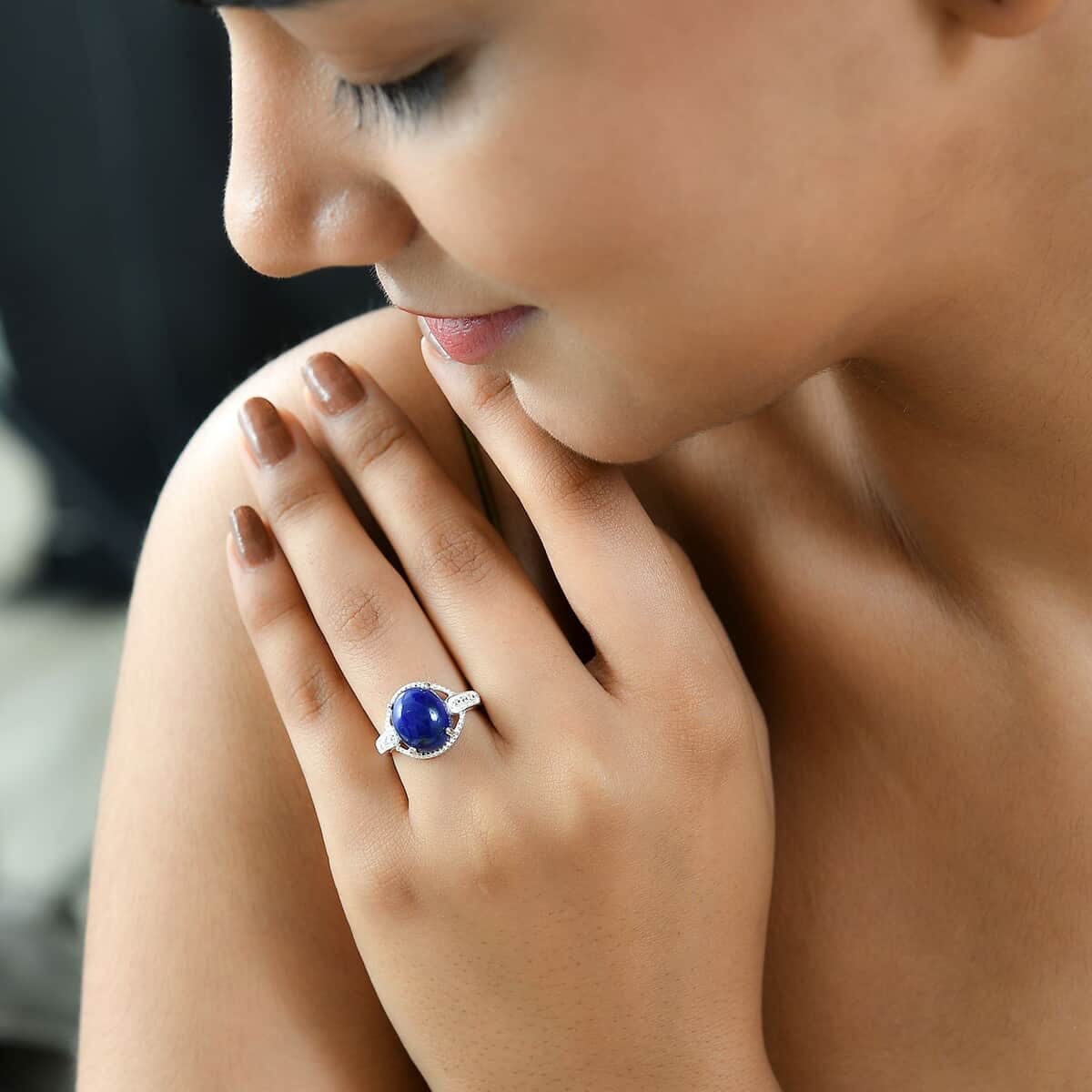 Lapis Lazuli and Simulated Diamond Ring in Sterling Silver (Size 7.0) 4.50 ctw image number 1