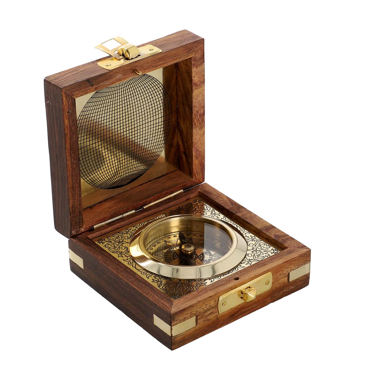 Handcrafted Wooden Box with Built in Goldtone Compass image number 0