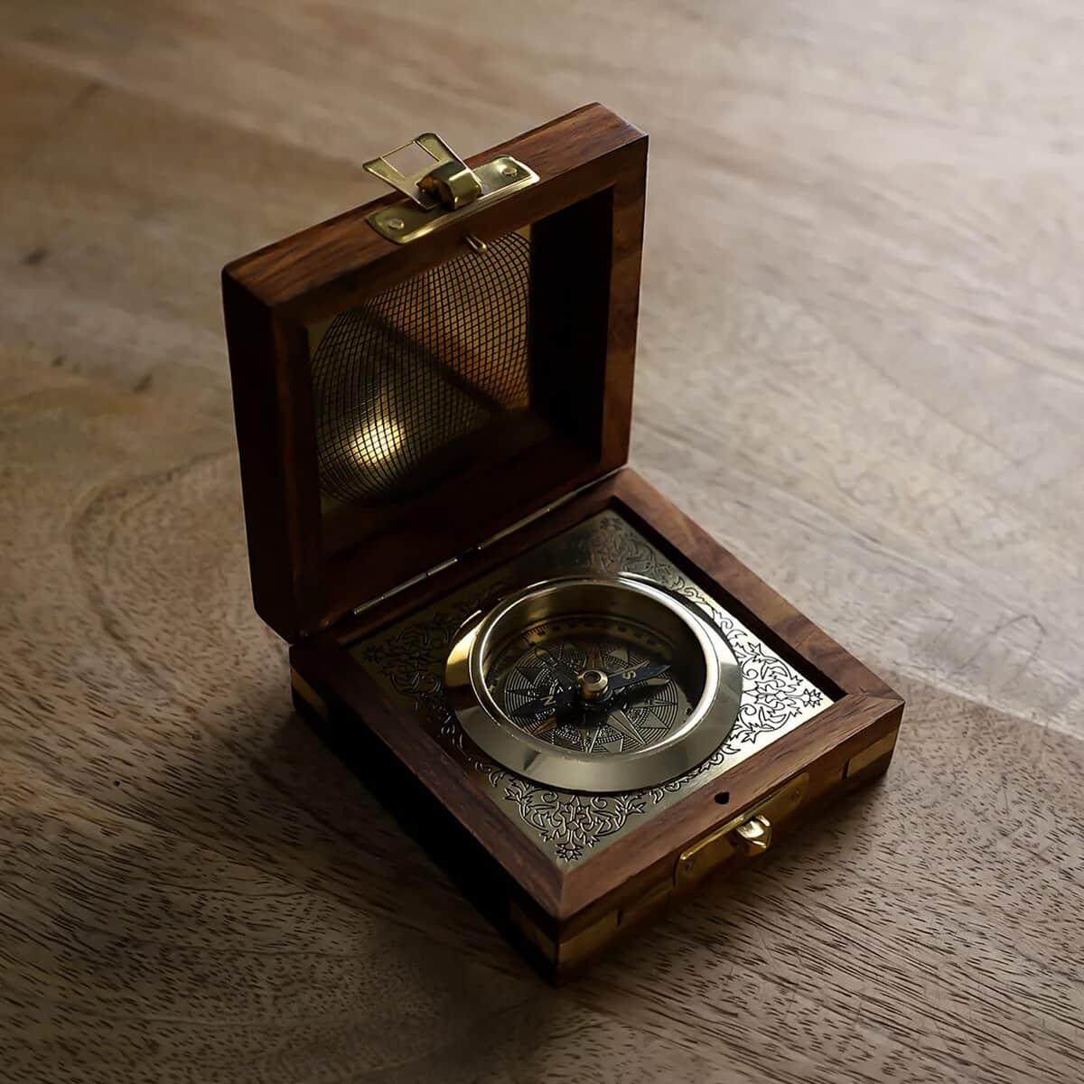 Handcrafted Wooden Box with Built in Goldtone Compass image number 1