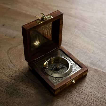 Handcrafted Wooden Box with Built in Goldtone Compass 3x3x1.5 image number 1