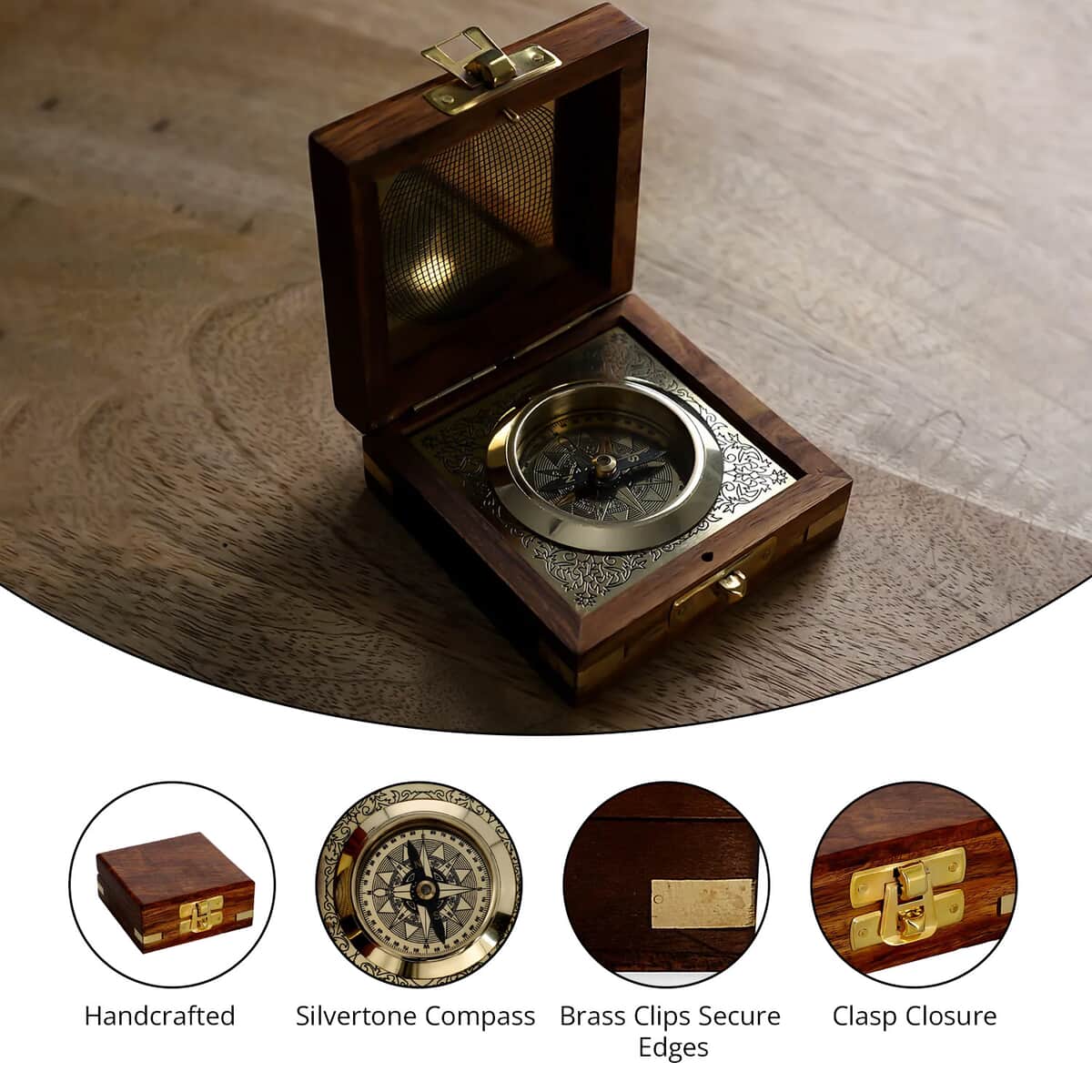 Handcrafted Wooden Box with Built in Goldtone Compass image number 2