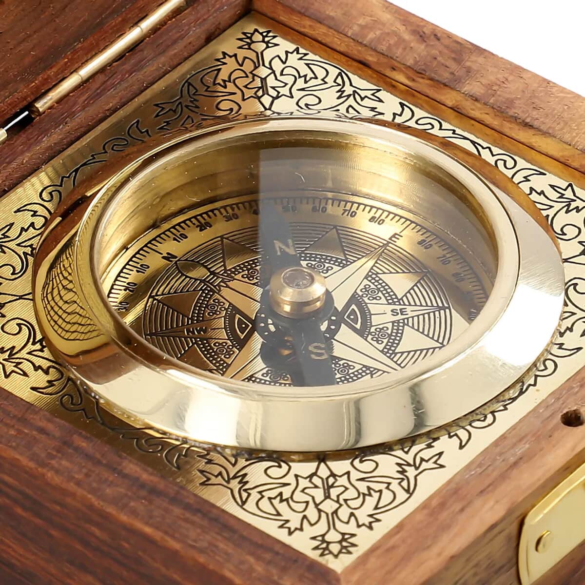 Handcrafted Wooden Box with Built in Goldtone Compass 3x3x1.5 image number 5