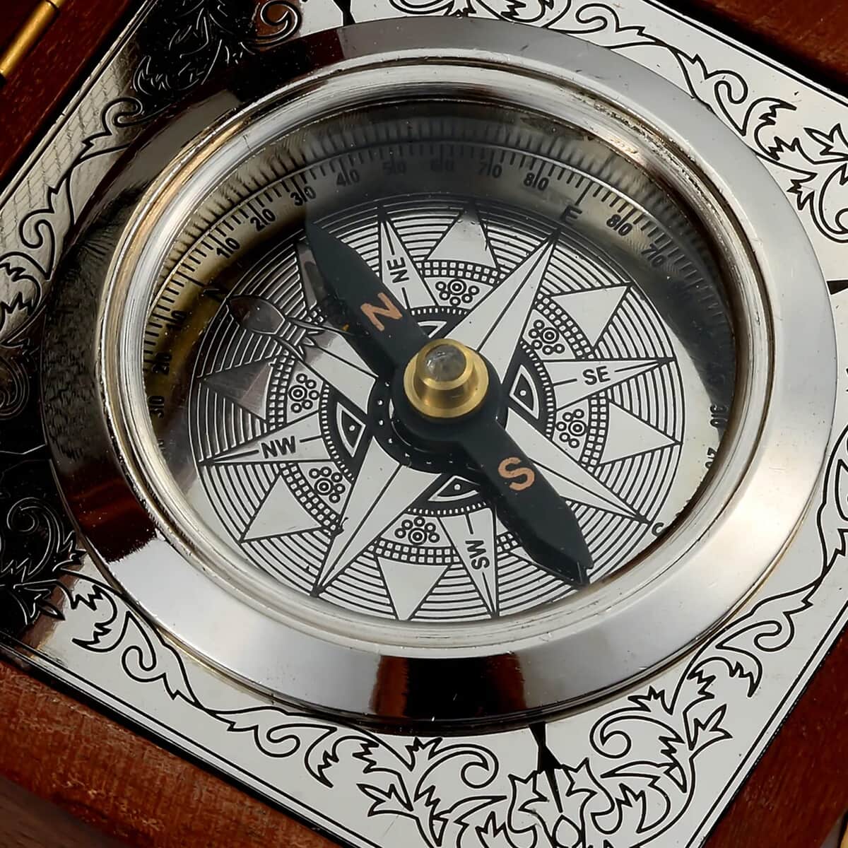 Handcrafted Wooden Box With Built in Silvertone Compass image number 6