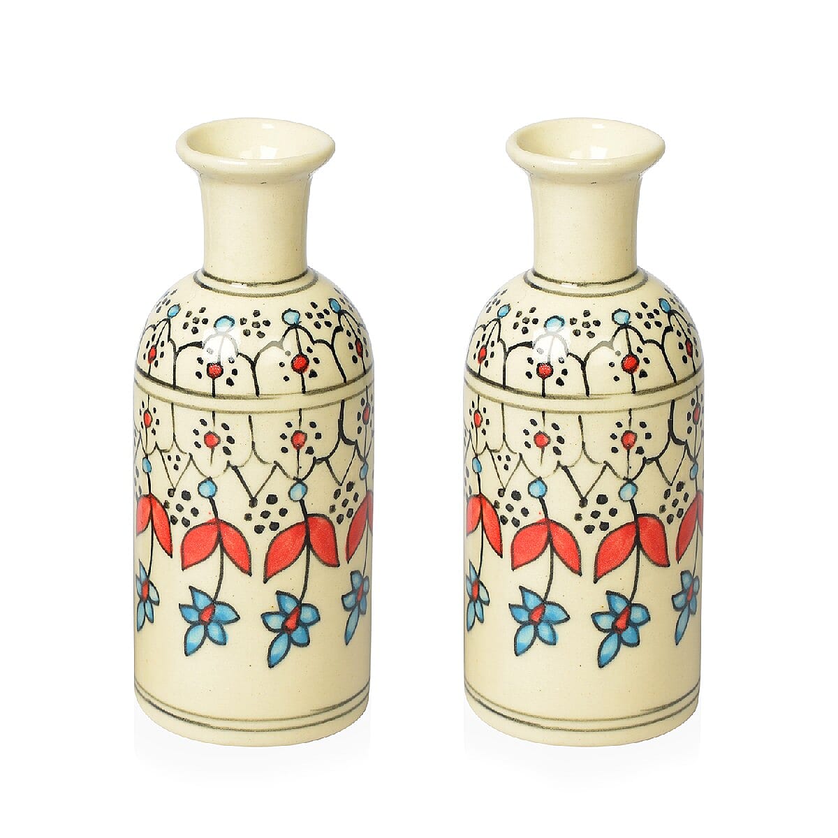 Set of 2 Cream, Multi Color Hand Painted Floral Ceramic Vase