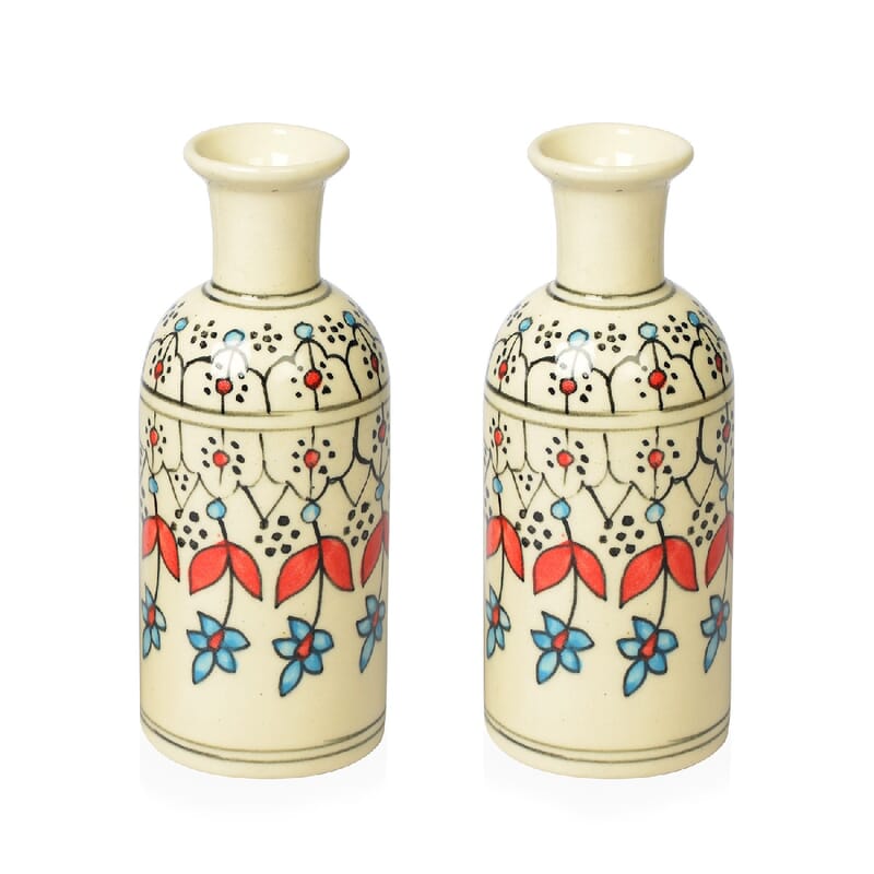 Set of 2 Cream, Multi Color Hand Painted Floral Ceramic Vase