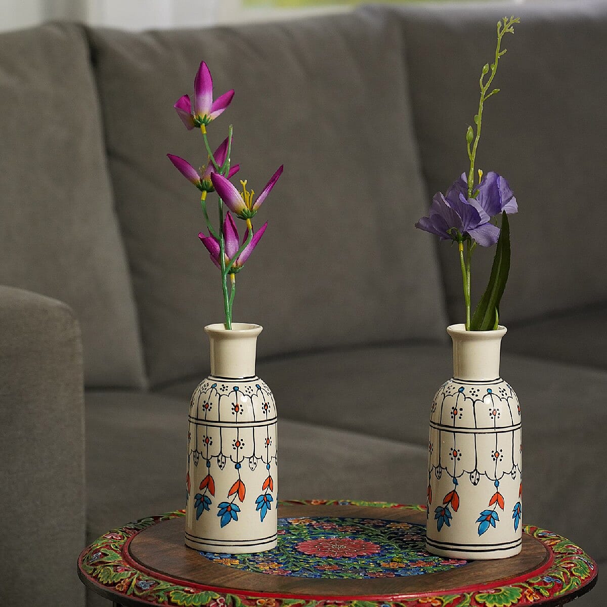 Set of 2 Cream, Multi Color Hand Painted Floral Ceramic Vase