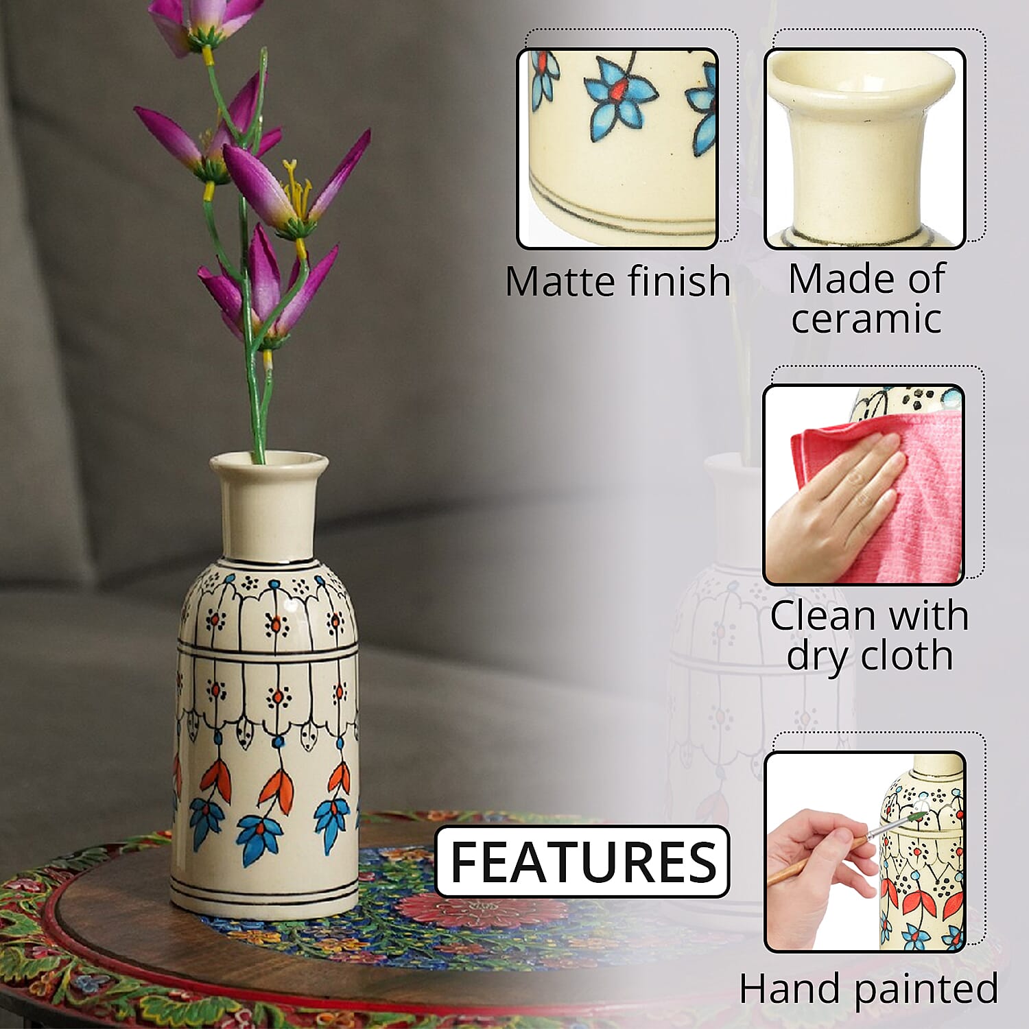 Set of 2 Cream, Multi Color Hand Painted Floral Ceramic Vase