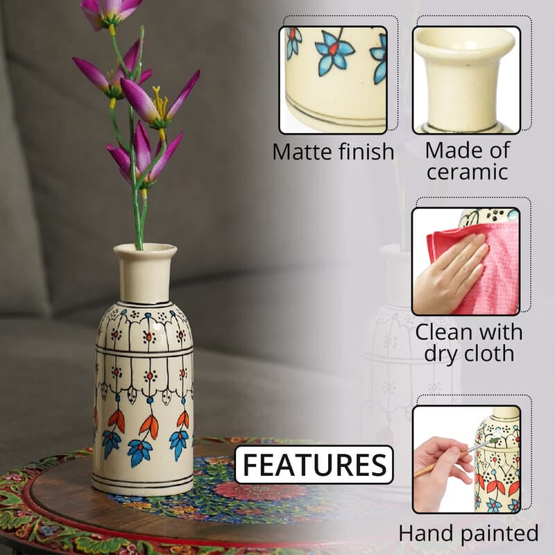 Set of 2 Cream, Multi Color Hand Painted Floral Ceramic Vase