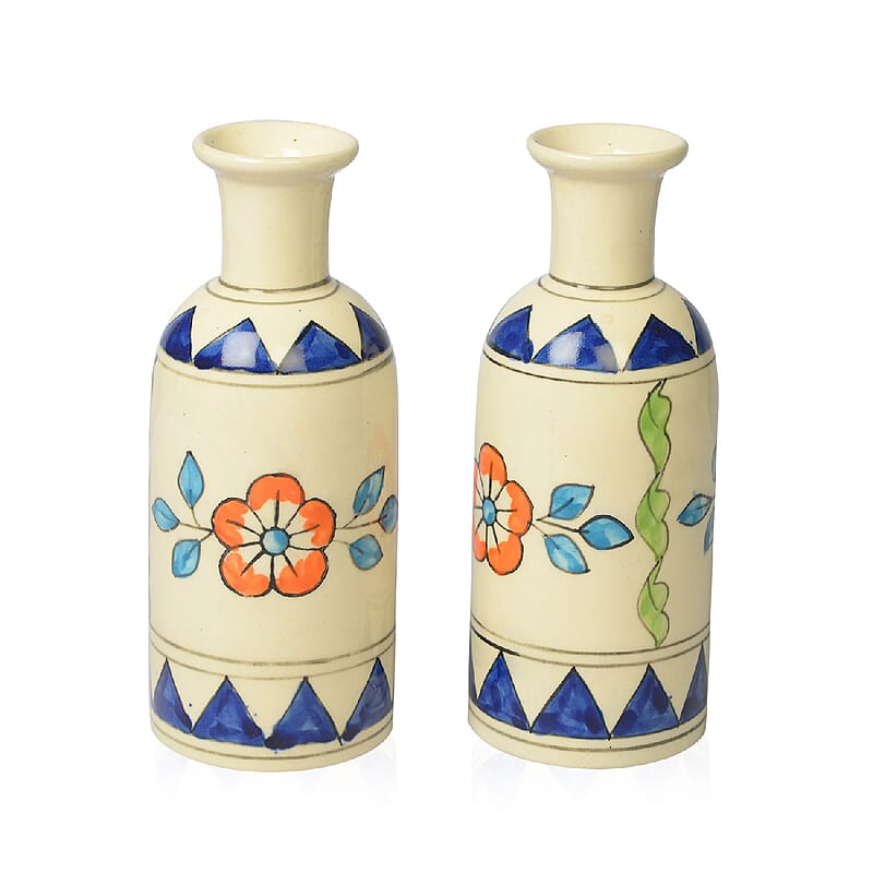 Set of 2 Cream and Blue, Multi Color Hand Painted Floral Ceramic Vase