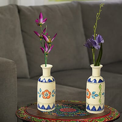 Set of 2 Cream and Blue, Multi Color Hand Painted Floral Ceramic Vase