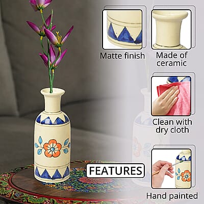 Set of 2 Cream and Blue, Multi Color Hand Painted Floral Ceramic Vase