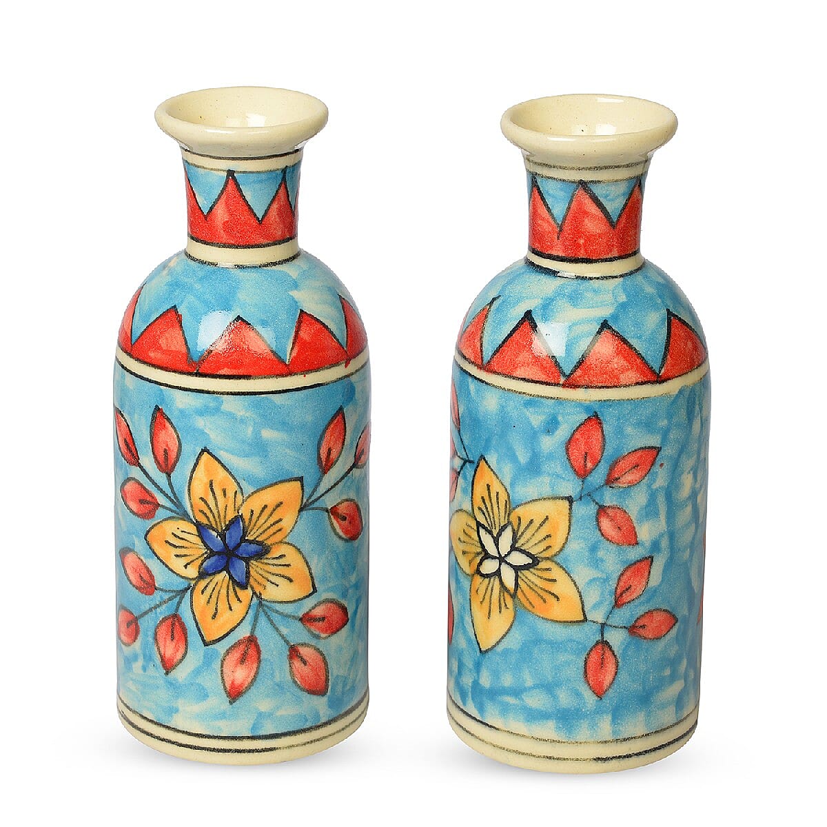 Set of 2 Blue, Multi Color Hand Painted Floral Ceramic Vase image number 0