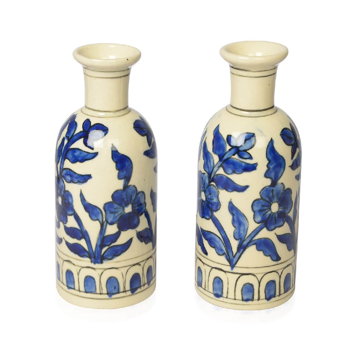 Set of 2 Cream and Blue Hand Painted Floral Ceramic Vase image number 0
