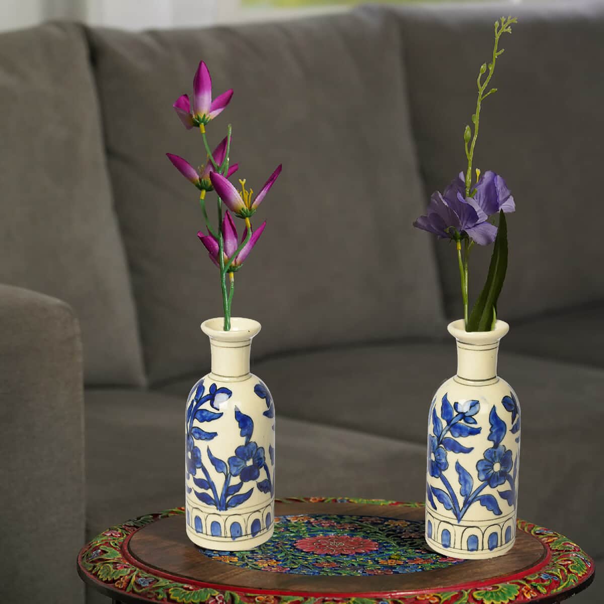 Set of 2 Cream and Blue Hand Painted Floral Ceramic Vase image number 1