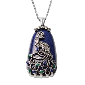 Lapis Lazuli Swiss Marcasite 100.35 ctw Enameled Necklace in Stainless Steel, Peacock Pendant For Women, 20 Inches