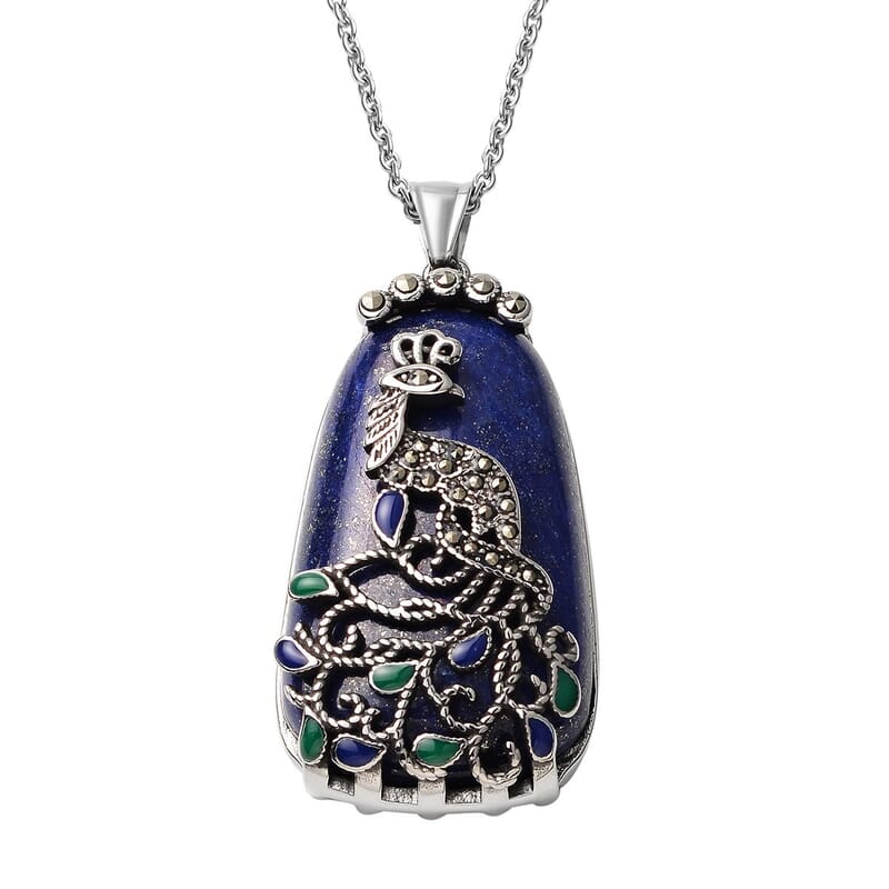Lapis Lazuli Swiss Marcasite 100.35 ctw Enameled Necklace in Stainless Steel, Peacock Pendant For Women, 20 Inches