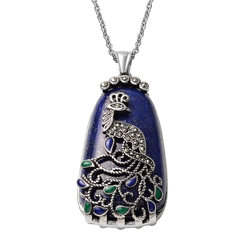 Lapis Lazuli Swiss Marcasite 100.35 ctw Enameled Necklace in Stainless Steel, Peacock Pendant For Women, 20 Inches