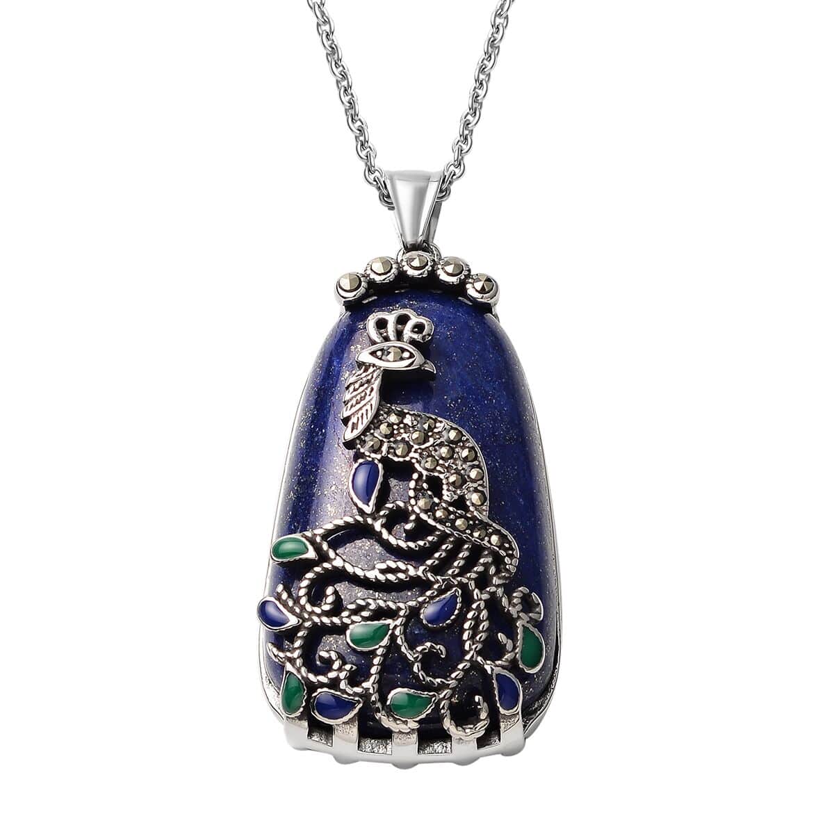 100.37 ctw Lapis Lazuli and Swiss Marcasite and Enameled Peacock Pendant Necklace 20 Inch in Stainless Steel image number 0