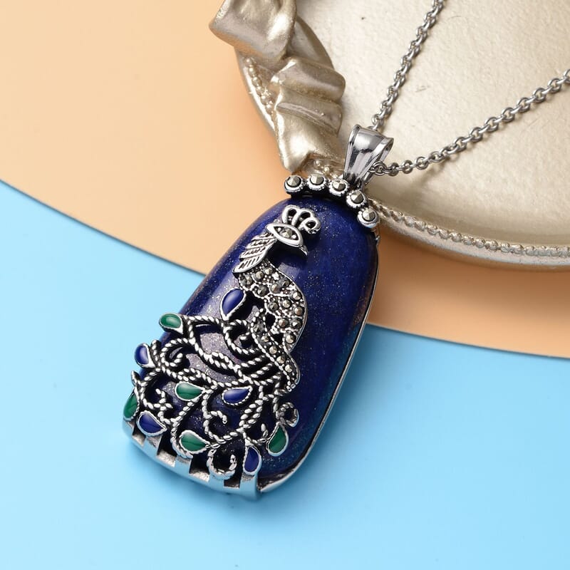 Lapis Lazuli Swiss Marcasite 100.35 ctw Enameled Necklace in Stainless Steel, Peacock Pendant For Women, 20 Inches