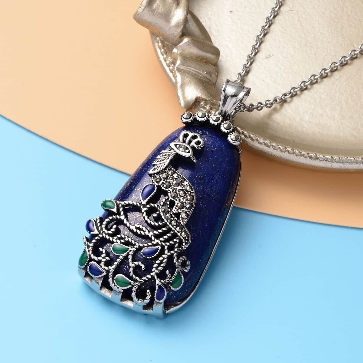100.37 ctw Lapis Lazuli and Swiss Marcasite and Enameled Peacock Pendant Necklace 20 Inch in Stainless Steel image number 1