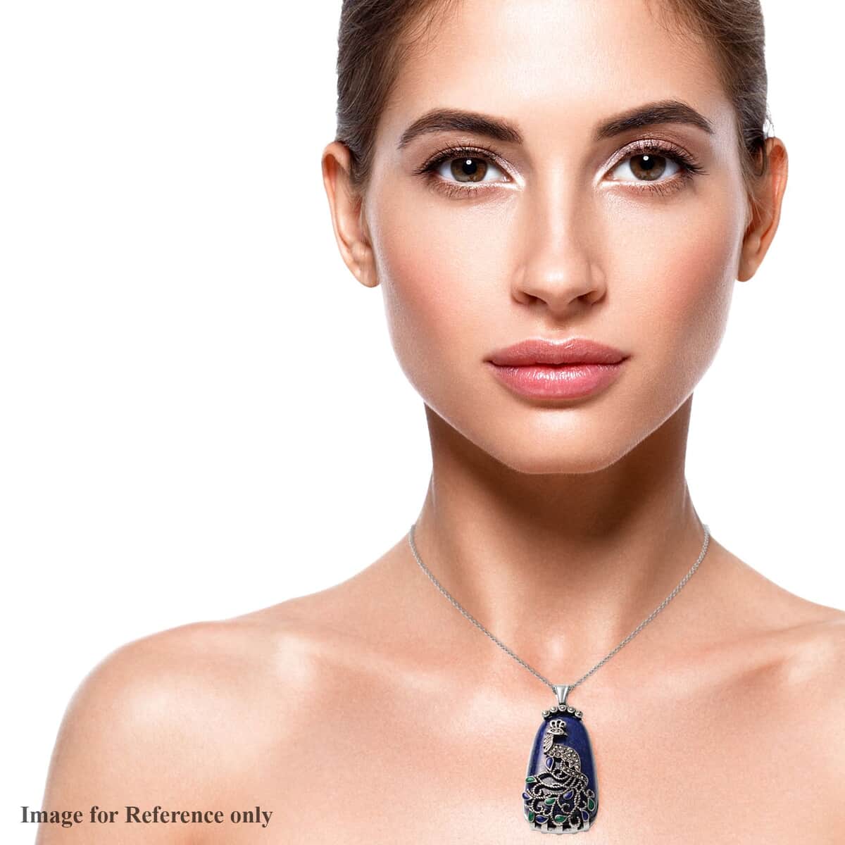 100.37 ctw Lapis Lazuli and Swiss Marcasite and Enameled Peacock Pendant Necklace 20 Inch in Stainless Steel image number 2