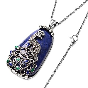 Lapis Lazuli Swiss Marcasite 100.35 ctw Enameled Necklace in Stainless Steel, Peacock Pendant For Women, 20 Inches