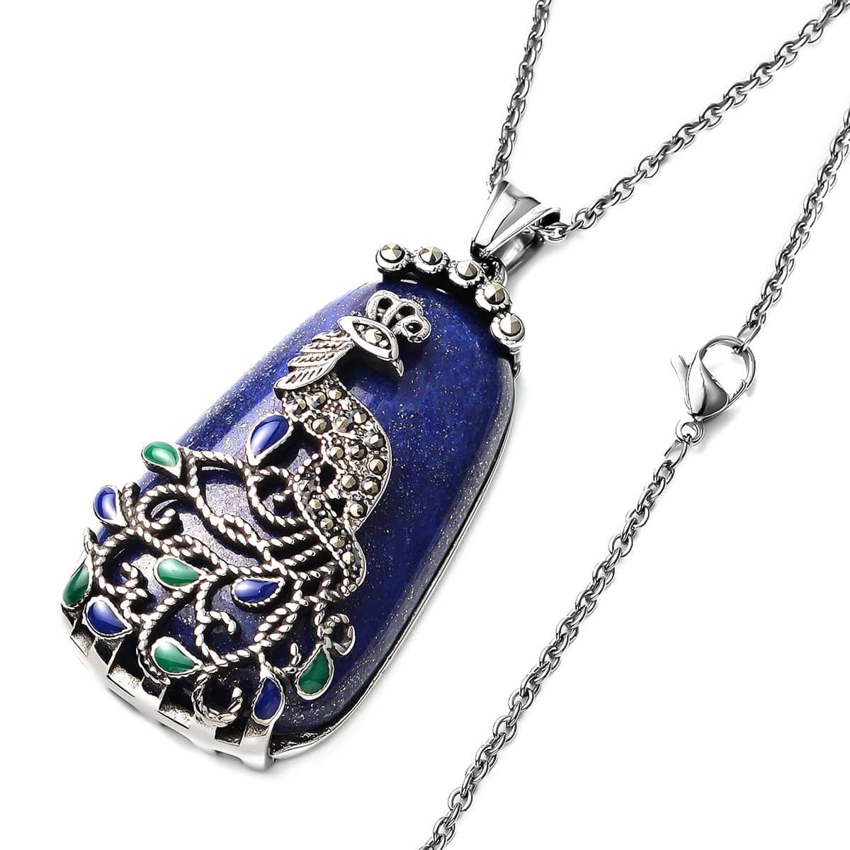 100.37 ctw Lapis Lazuli and Swiss Marcasite and Enameled Peacock Pendant Necklace 20 Inch in Stainless Steel image number 3