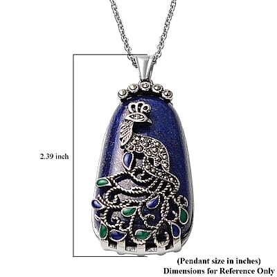 Lapis Lazuli Swiss Marcasite 100.35 ctw Enameled Necklace in Stainless Steel, Peacock Pendant For Women, 20 Inches