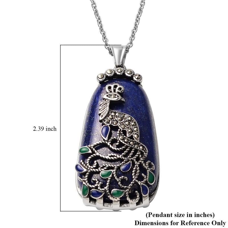 Lapis Lazuli Swiss Marcasite 100.35 ctw Enameled Necklace in Stainless Steel, Peacock Pendant For Women, 20 Inches