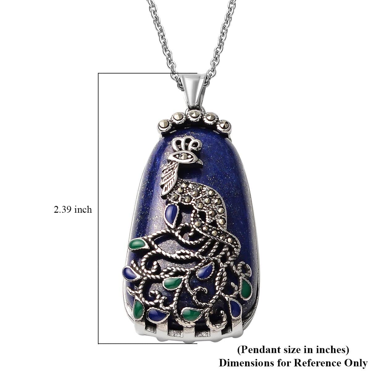 100.37 ctw Lapis Lazuli and Swiss Marcasite and Enameled Peacock Pendant Necklace 20 Inch in Stainless Steel image number 4