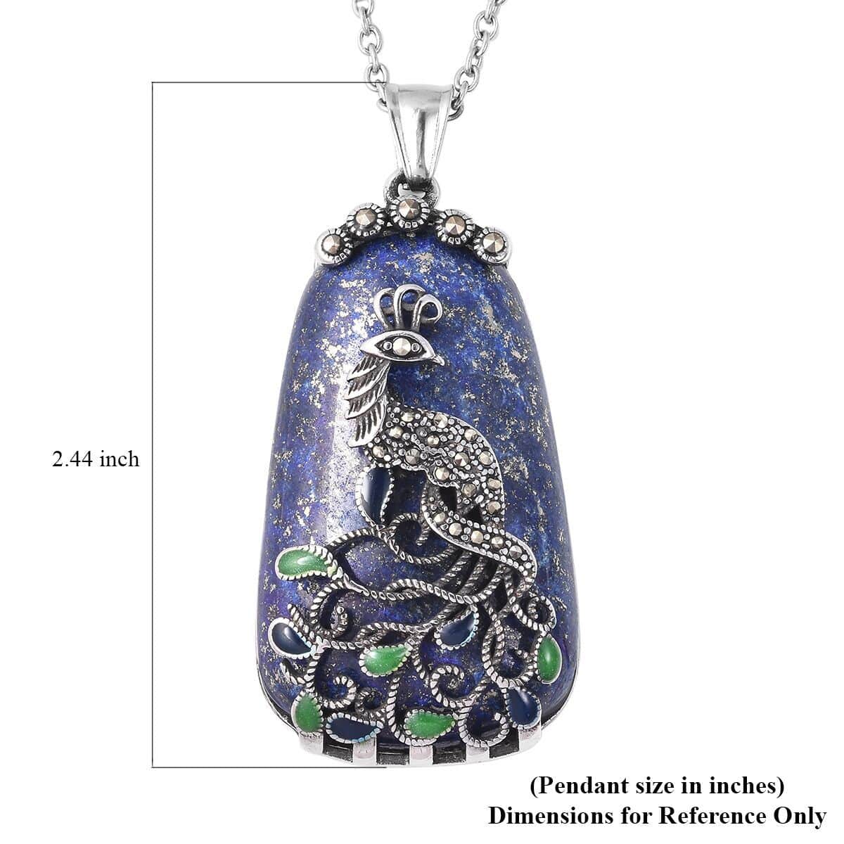 100.37 ctw Lapis Lazuli and Swiss Marcasite and Enameled Peacock Pendant Necklace 20 Inch in Stainless Steel image number 5