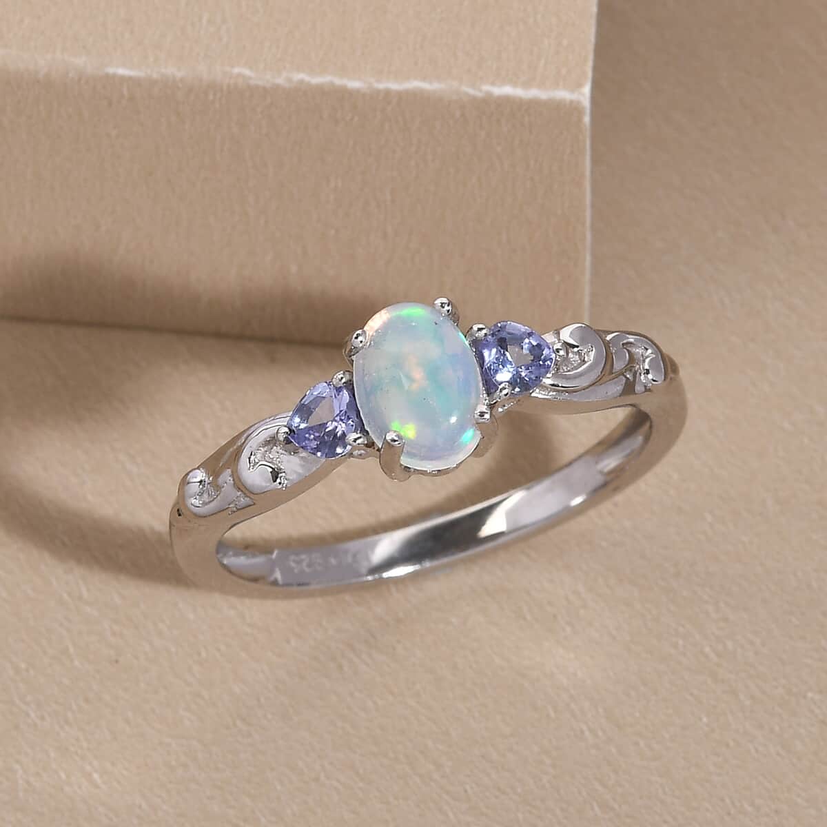 Premium Ethiopian Welo Opal and Tanzanite Ring in Platinum Over Sterling Silver 0.75 ctw image number 1