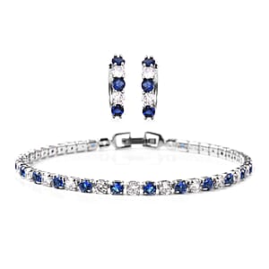 Lab Created Blue Sapphire and Simulated Diamond Tennis Bracelet (7.00 In) and Huggie Earrings in Silvertone