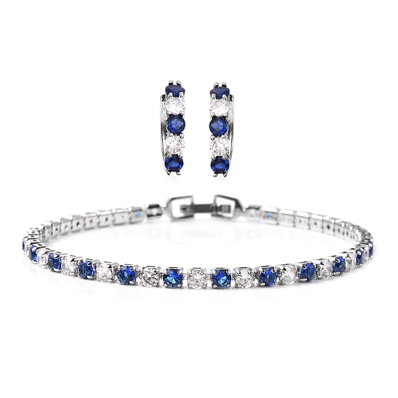 Lab Created Blue Sapphire and Simulated Diamond Tennis Bracelet (7.00 In) and Huggie Earrings in Silvertone