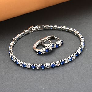 Lab Created Blue Sapphire and Simulated Diamond Tennis Bracelet (7.00 In) and Huggie Earrings in Silvertone