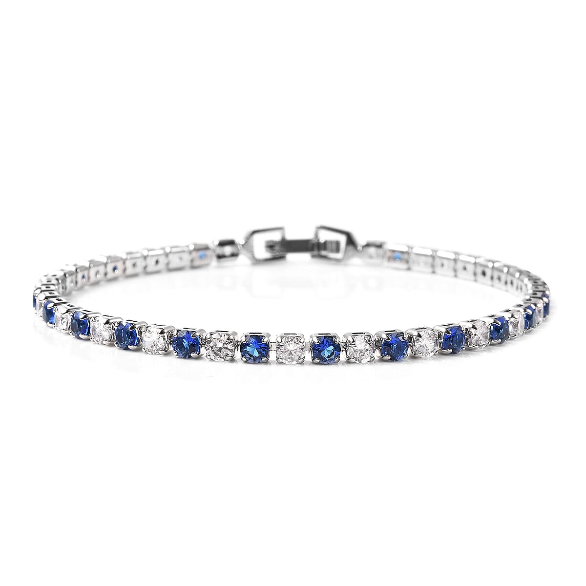 Lab Created Blue Sapphire and Simulated Diamond Tennis Bracelet (7.00 In) and Huggie Earrings in Silvertone image number 2