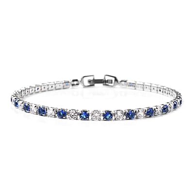 Lab Created Blue Sapphire and Simulated Diamond Tennis Bracelet (7.00 In) and Huggie Earrings in Silvertone
