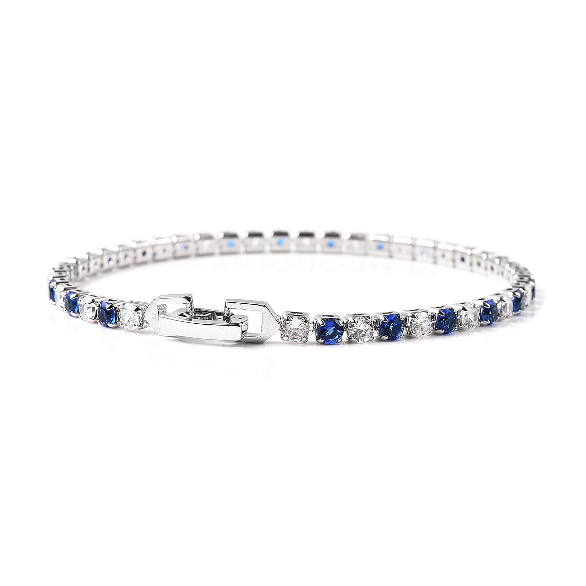 Lab Created Blue Sapphire and Simulated Diamond Tennis Bracelet (7.00 In) and Huggie Earrings in Silvertone image number 3