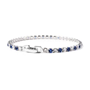 Lab Created Blue Sapphire and Simulated Diamond Tennis Bracelet (7.00 In) and Huggie Earrings in Silvertone