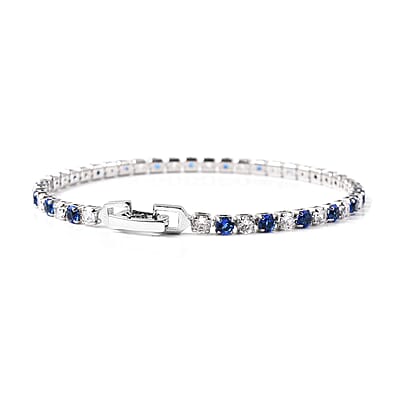 Lab Created Blue Sapphire and Simulated Diamond Tennis Bracelet (7.00 In) and Huggie Earrings in Silvertone