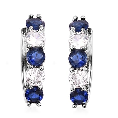 Lab Created Blue Sapphire and Simulated Diamond Tennis Bracelet (7.00 In) and Huggie Earrings in Silvertone