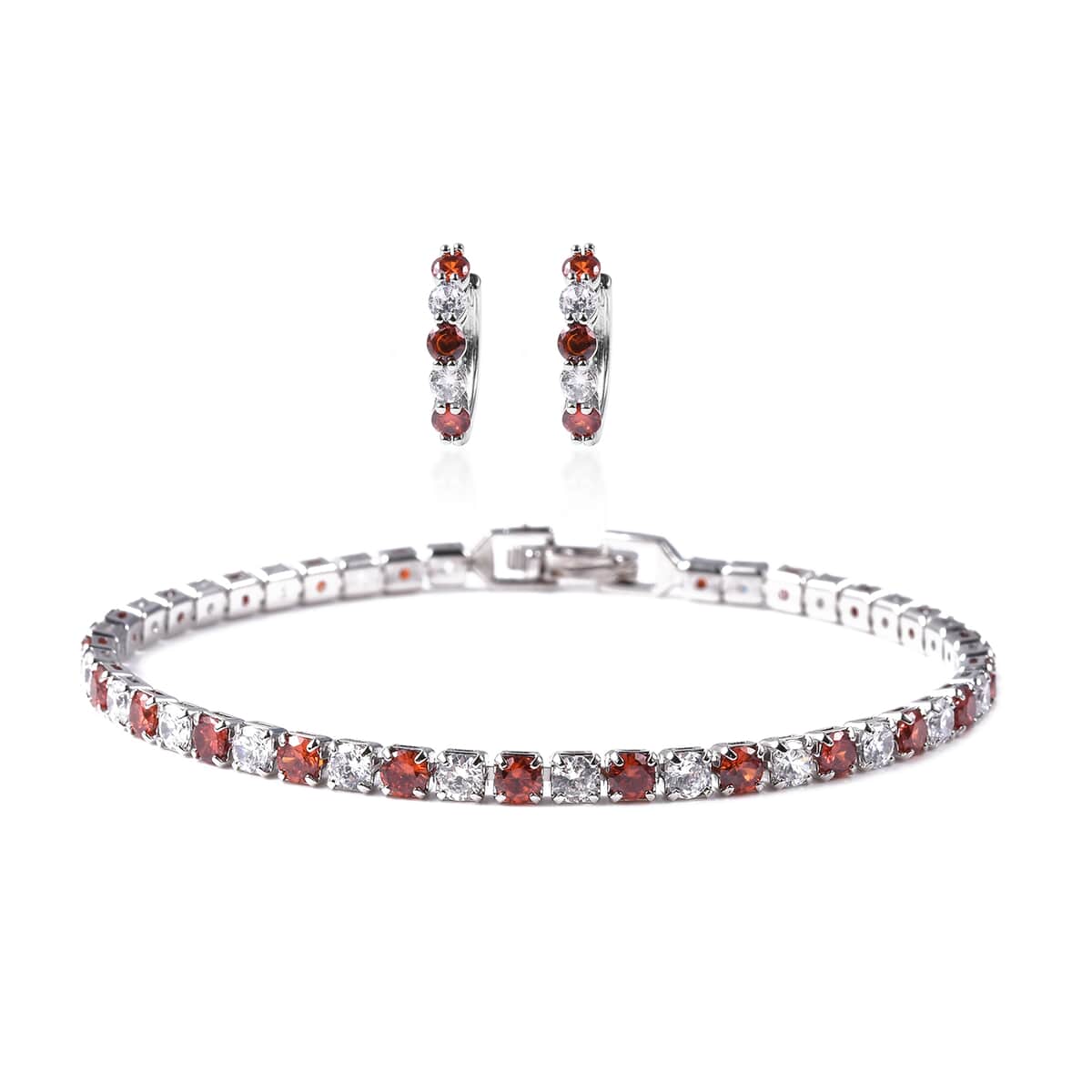 Lab Created Ruby and Simulated Diamond Tennis Bracelet (7.00 In) and Huggie Hoop Earrings in Silvertone image number 0