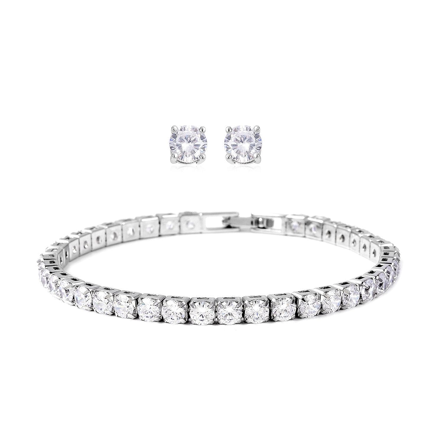 Simulated Diamond 26.40 ctw Earrings Tennis Bracelet in Silvertone, Stud Earrings Simulated Diamond Bracelet  (7.00 In)