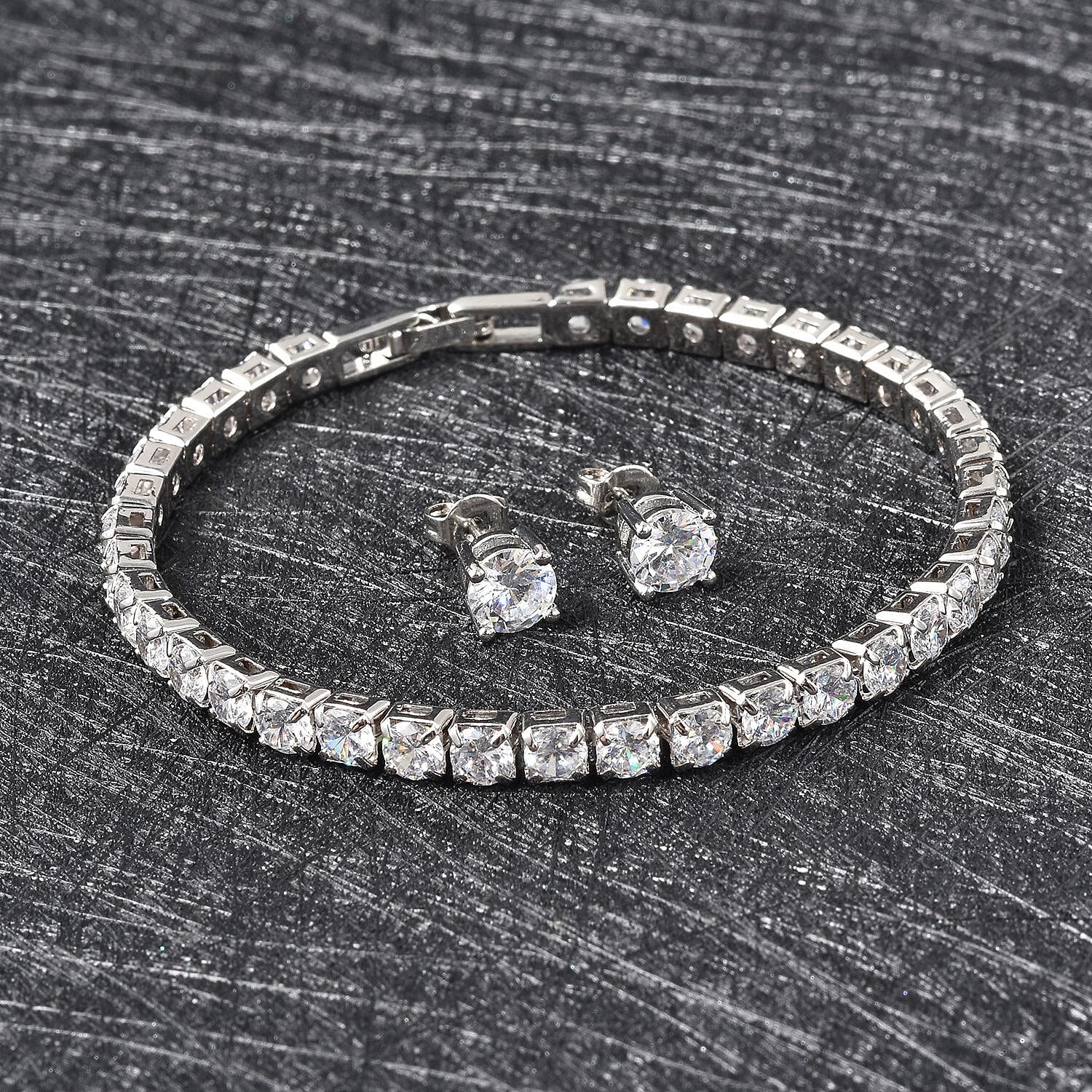 Simulated Diamond 26.40 ctw Earrings Tennis Bracelet in Silvertone, Stud Earrings Simulated Diamond Bracelet  (7.00 In)
